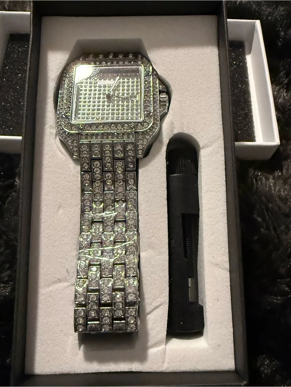 Men’s Pave Crystal Square Bracelet Watch — Silver